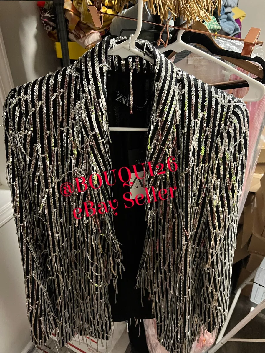 ZARA NEW WOMAN SEQUINED BLAZER WITH FRINGING JACKET SILVER XS XL REF 9291 560
