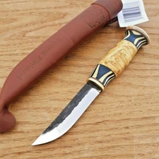 Wood Jewel Lion Knife 3.75" Carbon Steel Blade Blue/White Curly Birch Handle