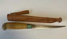 Vintage J. Marttiini Fish Fillet Knife Leather Sheath 6”Curved Blade Finland