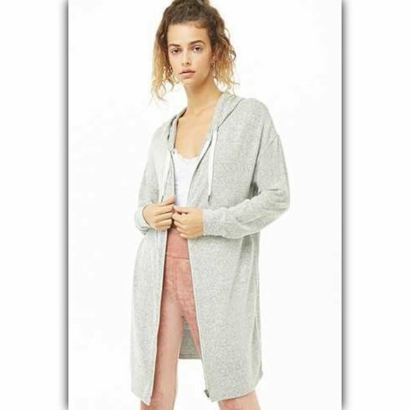 Forever 21 Long Line Hooded Cardigan Forever 21 Gray Zip Longline