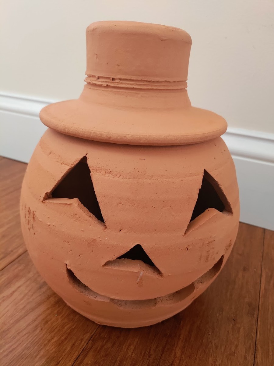 手彫りジャコランタン　トラ Terra Cotta Clay Jack O Lantern w/Hat Planter Lantern Halloween