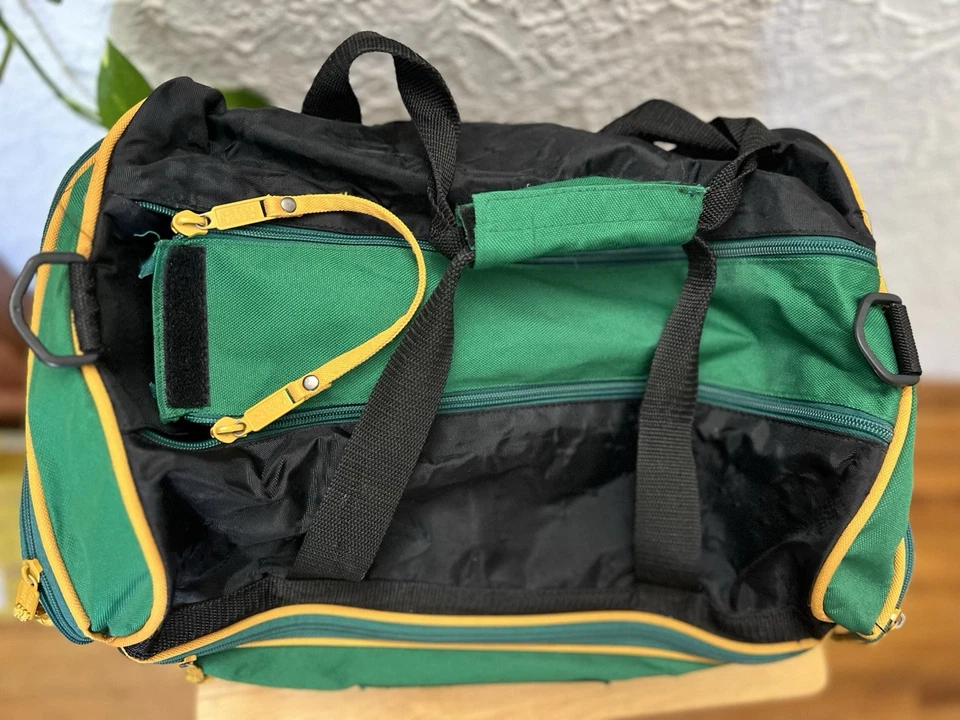 Bugle Boy Green Duffel Bag with Yellow Trim and Multiple Zipper Pockets - Image 3 of 4