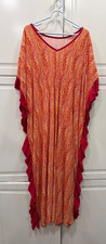Wavy Boho Caftan Maxi Dress Sunset Ombre V-Neck Loose Fit Ruffled Sides