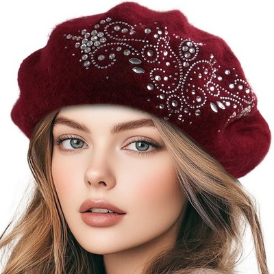 Women Warm Thicken Beret Hats Rhinestone Head Wrap Bonnet Caps Elegant Headwear