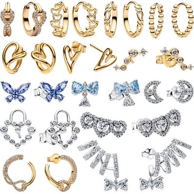 925 Sterling Silver Hoop Earrings Heart Lock Bow Butterfly Simulated Zirconia