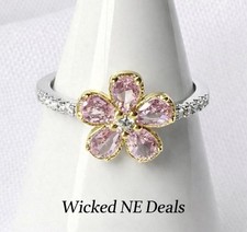 Pink Flower Halo CZ Ring   925 Sterling Silver  Gold Tone   Size 7   New