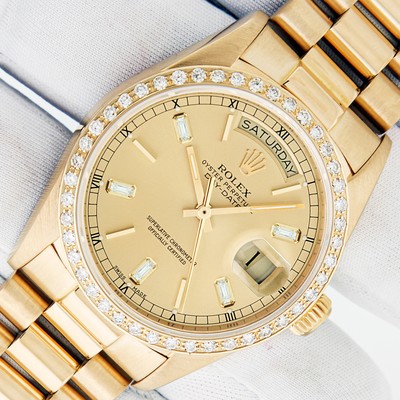 ROLEX DAY DATE PRESIDENT 18K YELLOW GOLD WATCH, CHAMPAGNE, INDEX