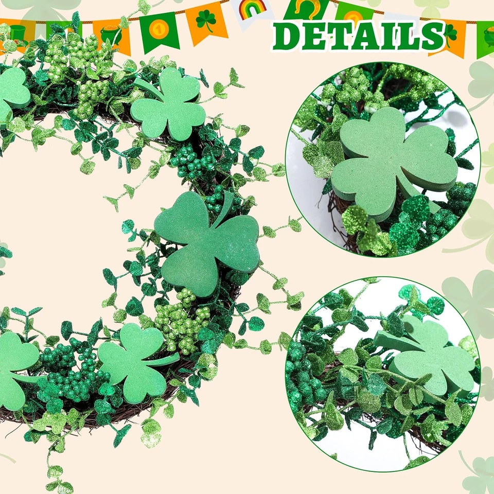 Corona de trébol del día de San Patricio 18 puerta delantera verde decoración del hogar de la suerte Foto 4 de 4