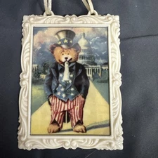 Vintage -  Ceramic - Dressed Teddy Bear Wall / Hanging Plaque - Uncle Sam