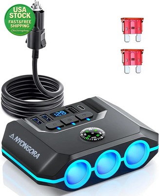 7-In-1 Cigarette Lighter Splitter 120W Car Charger 3 Sockets 4 USB Ports LED