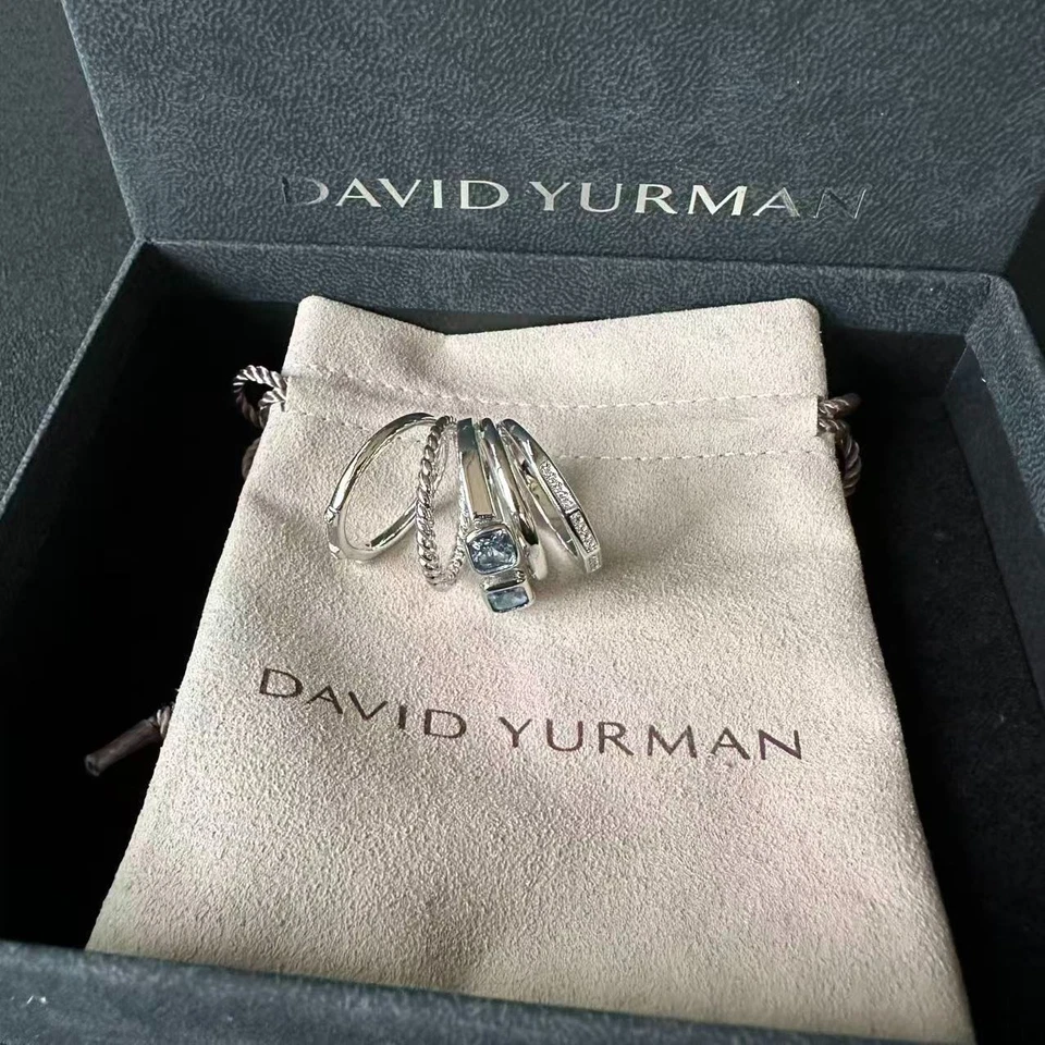 Anillo David Yurman Plata Esterlina Stax Cinco Filas Diamantes Azul Hampton Talla 9 Foto 3 de 4