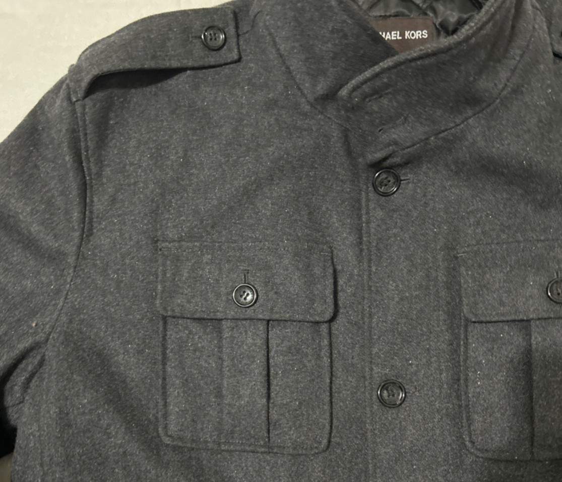 Michael Kors Peacoat Men's XL Charcoal Wool Blend Button Up Utility Overcoat thumbnail 5