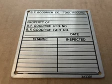 Vintage B.F. GOODRICH Tire Co Aluminum Metal Sign Tag TOOL RECORD Akron OH #4
