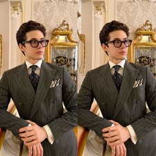 Dark Grey Pinstripe Men's Suit Peak Lapel 2 Piece Double Breasted Wedding Outfit