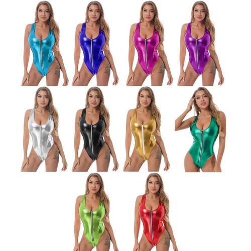 Body donna metallizzato lucido senza maniche body pezzo unico costume da bagno costume da bagno
