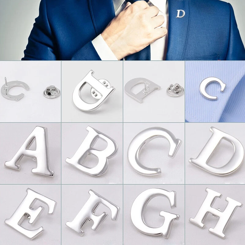 26 Letters Initial Brooch Pins for Women Men Silver Suit Lapel Pin Coat Jewelry