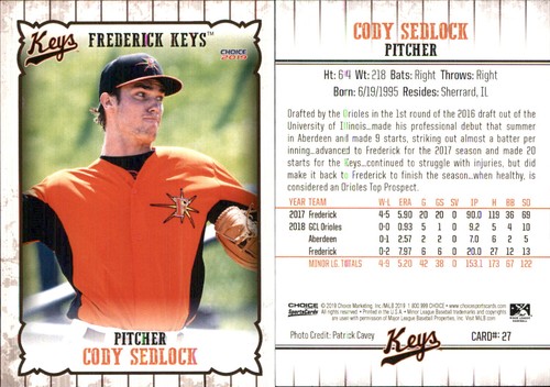 Cody Sedlock 2019 Choice Frederick Keys #27 RC Card