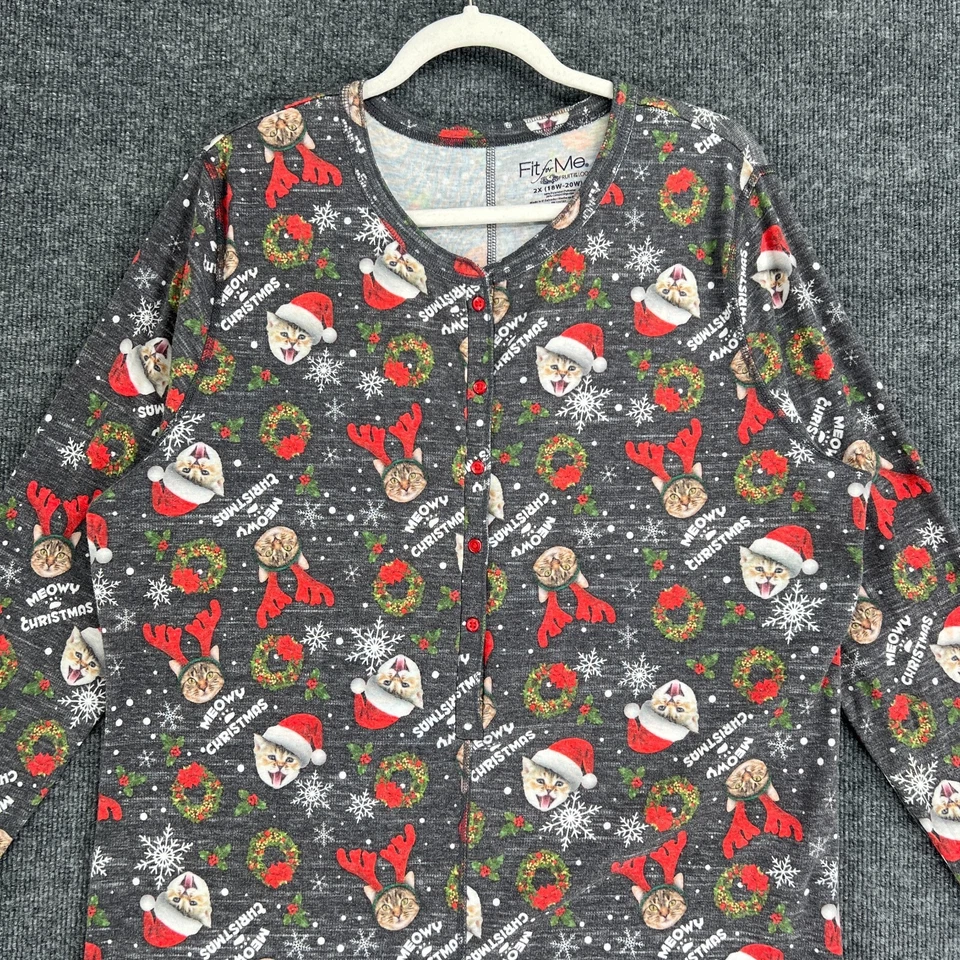 Traje de unión Fruit of the Loom para mujer Navidad gato pijama de una pieza talla grande 2X Foto 2 de 4