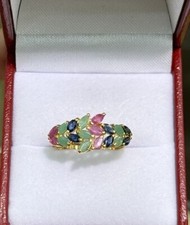 14k Solid Yellow Gold Leaf Ring Natural Mix Stones, Sz 8.25, 2.40 Grams