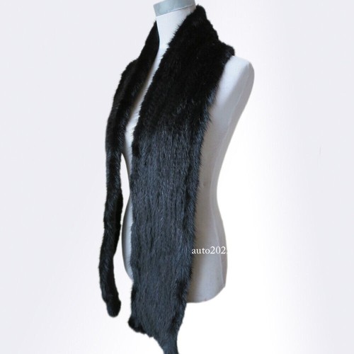 Men's Real Mink Fur Scarf Neckerchief Winter Warm Shawl Wraps Black 170x15cm - Picture 10 of 12