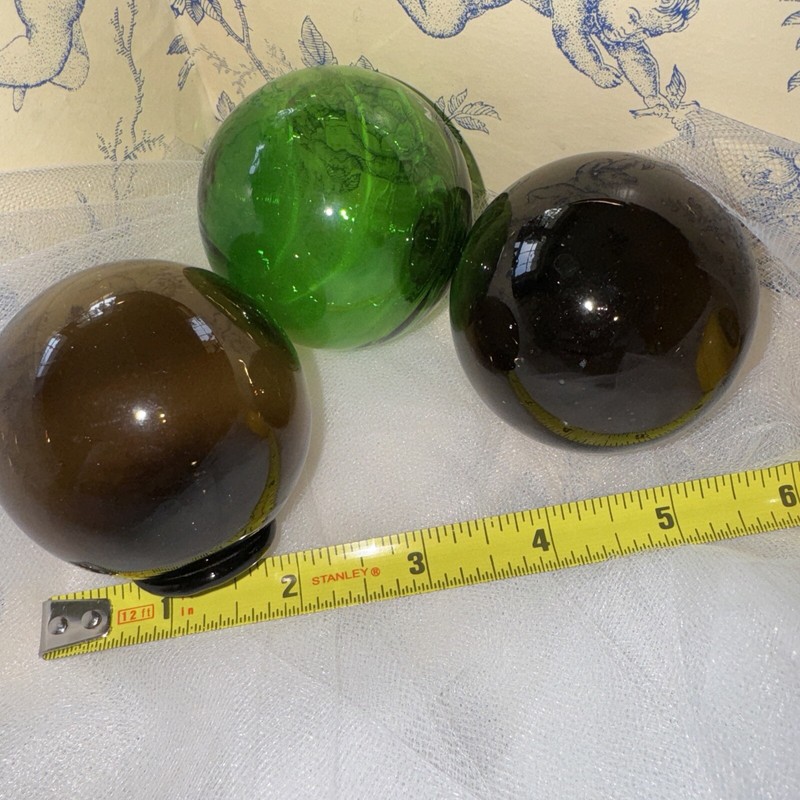 Glass Ball Fishing Net Floats 2 Amber & 1 green,  Each 2”,  Nautical Decor