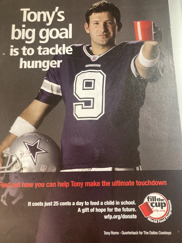 Anuncio impreso original en revista 2008 de Tony Romo para Fill The Cup Charity. Vaqueros Foto 4 de 4