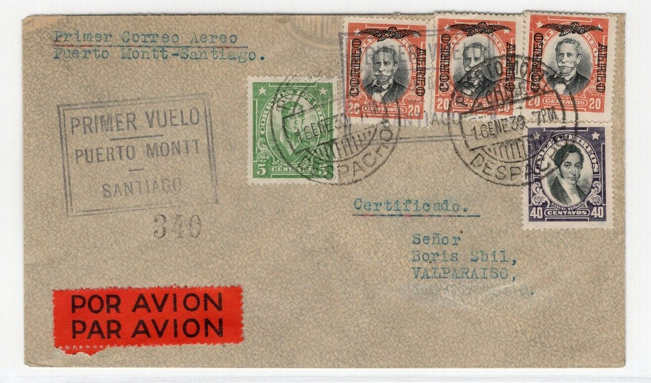 CHILE 1930 FIRST flight airmail Puerto Montt Santiago scarce cachet