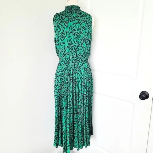 Banana Republic Emerald Green Leopard Satin Mock Neck Slvless Pleated Dress Sz M - Picture 5 of 8