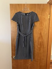 Chaps Navy Blue White Gingham Checkered Dress Cap Sleeves Belt In Front Size 14