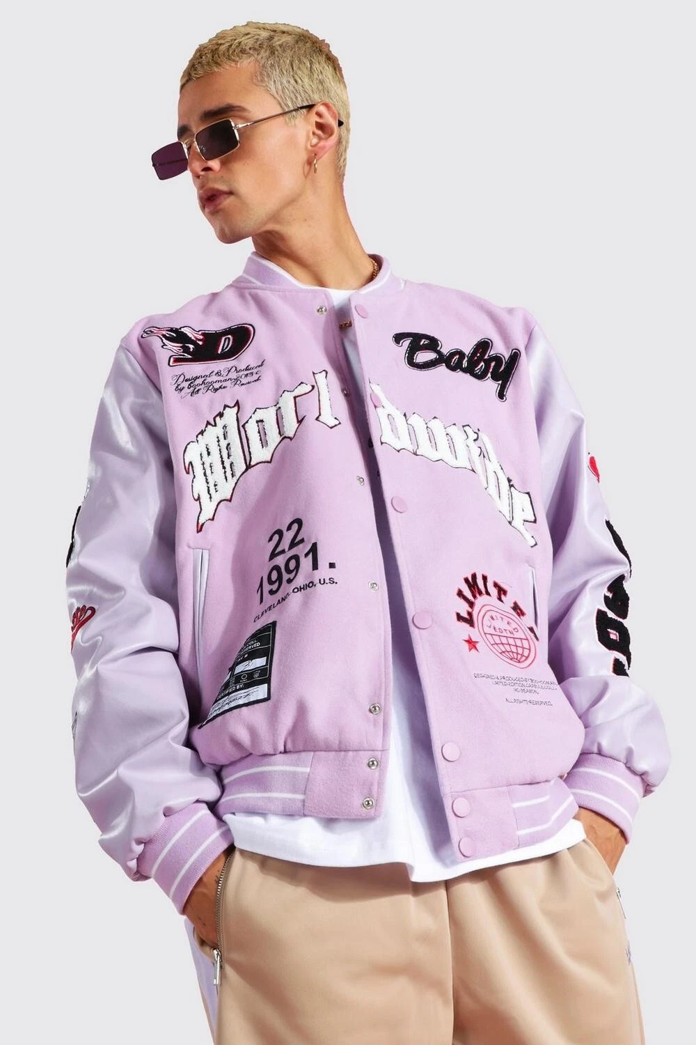 Boohoo Man Tall Mmxii Melton Varsity Bomber Jacket, ECRU, Size Medium