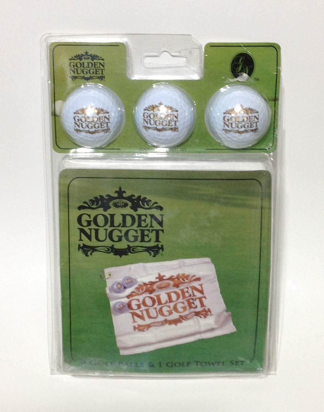 Golden Nugget Casino 3 Golf Balls and Golf Towel Set Sparkly Gold