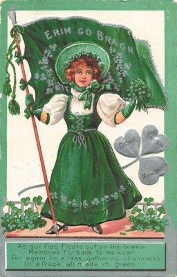 c1910 Pretty Woman Holds Flag Erin Go Bragh Clover Silver St Patricks Day P371