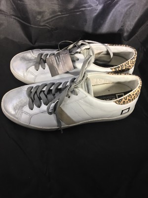 D.A.T.E. Low Hill White Leather Silver Leopard Trim Athletic Shoes 9.5/8/41 EU