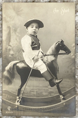 AM START Cute Young Toddler Jockey on Rocking Horse Berlin RPPC Postcard B347