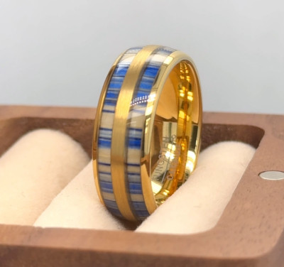 Bamboo Tree Wood Inlay Band 8mm Gold Tungsten Band November Gift Ring
