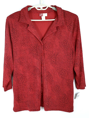 NWT JM COLLECTION Women's Slinky Travel Knit Blouse Collared Animal Red 1X Plus