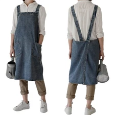 Cotton Denim Apron with Pockets for Women Chef Kitchen Cooking Gardening