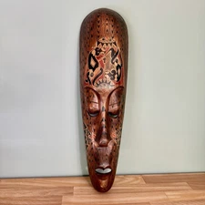 VTG Wood Hand Carved African Tribal Tattoo Mask Primitive Wall Folk Art 19”x5”