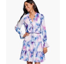 Ellen Tracy Womens Dress Watercolor Print Purple Blue Pink Size M New