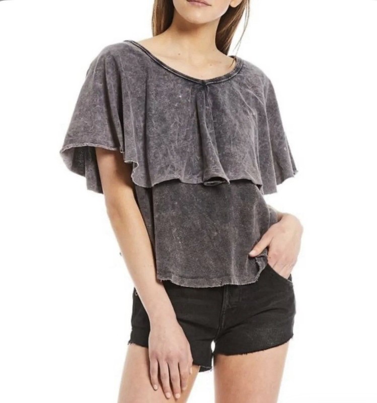 Size Large Free People Girl Talk Ruffle top Charcoal blouse shirt Anthropologie
