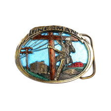 Vintage 80s Linesman Belt Buckle Enamel Brass Electrician Rural Telephone Tech