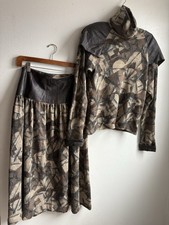 Vintage Women's Abstract Top Skirt Set Brown Beige Gray Turtleneck 2 Piece