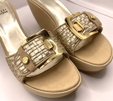 Stuart Weitzman Woven Leather Wedge Slide Sandals Tan Gold HW Size 8.5