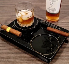 Rare Large Cigars Black Ceramic Ashtray, 2 Cigar Rests