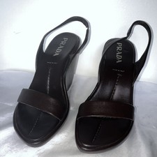 Vintage Prada Dark Brown Leather Sculptural Wedge Slingback Sandals
