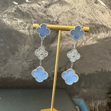 Clover cz 3 motifs chalcedony earrings Sterling Silver 925 white gold plated