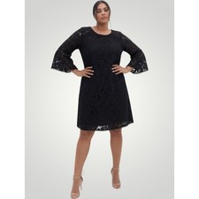 Vince Camuto Black Lace Shift Dress 12 Bell Sleeve Pom Pom Trim Floral Lace