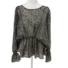 Gorgeous Black and White Boho Peplum Floral Top Sz M Grade & Gather Semi-Sheer