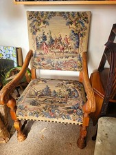 Large Renaissance Style Throne Or Hall Chair - Carved Frame - Tapestry