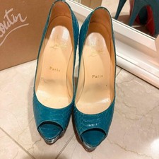 Rare Christian Louboutin Python Embossed Open Toe Heels Blue Size 36.5 US 6.5
